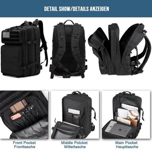 MUCHER 45L Military Tactical Backpack For Men with Bottle Holder and 4 Carabiners Molle Backpack EDC Large 3Day Army Rucksack (Black)