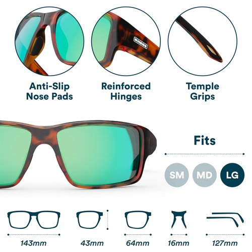 Rheos Biscayne XL | Tortoise | Emerald | Floating Polarized Sunglasses | 100% UV Protection | Boating & Fishing