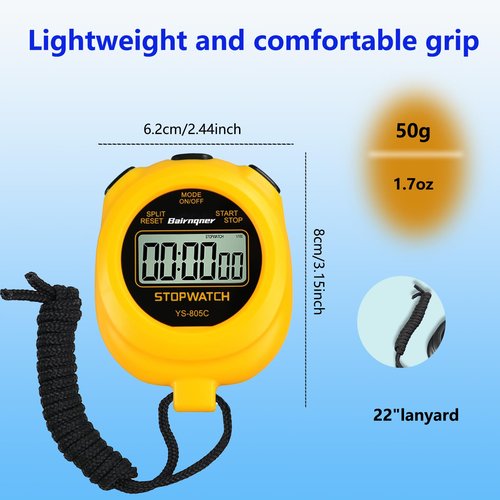 Bairnqner Stopwatch Timer with Countdown, ON/Off Simple Operation No Clock No Date, Digital Stop Watch for Sports, Yellow