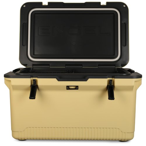 ENGEL 60 QT Ultra-Light Injection Molded Cooler - Ice Chest Keeps Ice 7 Days - Large Cooler Wire Basket, Divider and Built-in Bottle Opener - Fighting Lady Yellow with Dark Grey Interior (Yellow)