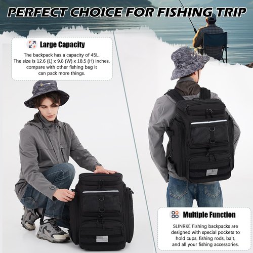 SLINRKE Fishing Backpack with Rod Holders - 45L Large Water-resistant Fishing Tackle Bag for Outdoor Camping Hiking Gear and Equipment, Bag Only (Black)