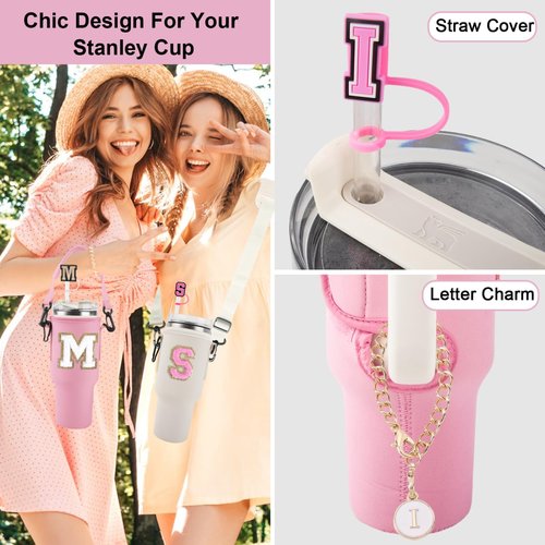 XSUIOY Initial Water Bottle Carrier with Strap for Stanley 40 oz Tumbler,Personalized Cup Holder with 2 Straw Topper Cover&2 Letter Charm for Stanley Cup Accessories(pinkH)