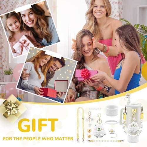 Stanley Cup Accessories Set Including Adjustable Water Bottle Shoulder & Handle Strap, Glitter Silicone Protective Boot, Silicone Straw Topper Cover, Cute Charms for Stanley 30oz 40oz Tumbler (White)