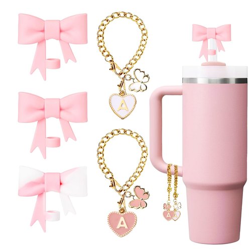 LUHOHI Pink Bow for Stanley Straw Topper- 3pcs Cute Cup Bow Straw Cover Silicone Cap 10mm with 2pcs Initial Letter Charms Name Id Personalized Accessories 40/30 Oz Tumbler Water Bottle Cups A