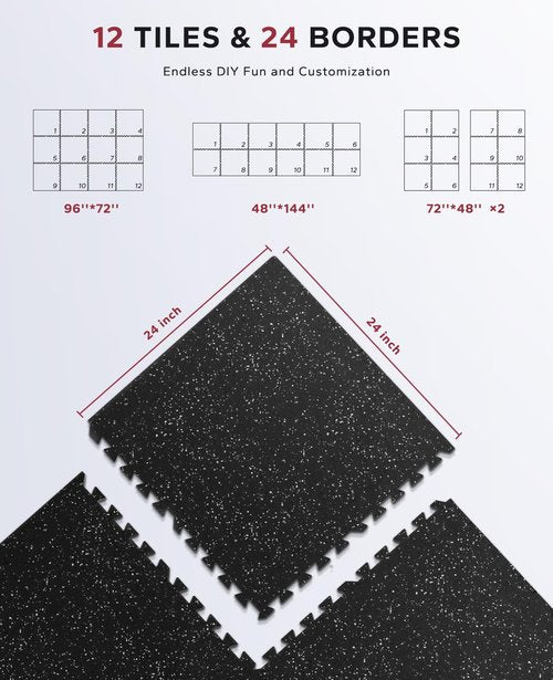 HAPBEAR 0.56'' Thick 12 Pcs 48 Sq Ft Exercise Equipment Mats - High-Density Rubber Top EVA Foam Interlocking Mats, 24x24in Tiles, Heavy-Duty Treadmill Mat for Hardwood Floors, Home Gym Mat