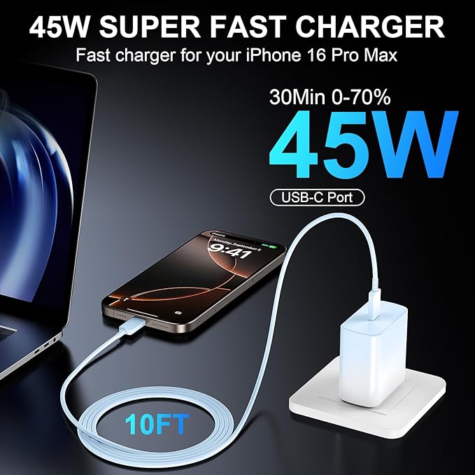 Phone 16 Pro Max Charger Fast Charging, 45W USB C i-Phone 16 Super Fast Charger Block with 10ft Long Type C Charging Cable Cord for iPhone 16/16 Pro/16 ProMax/16 Plus, 15/15 ProMax/Pro/Plus-Gradient