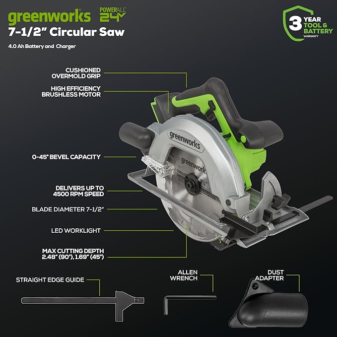 Greenworks 24V Brushless 5 pcs Cordless Power Tool Combo Kit, include Drill Driver, Circular Saw, Jigsaw, Wood Router, Drywall Cut-out Tool, 2 x 2Ah Batteries and Charger