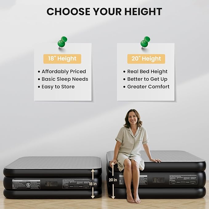 OhGeni 20" Luxury Twin Air Mattress with Built-in Pump, Inflatable Bed with Silk Foam Topper for Superior Comfort, Premium Blow-Up Mattress for Home, Camping & Guests, Easy Setup, Extra Support, Black