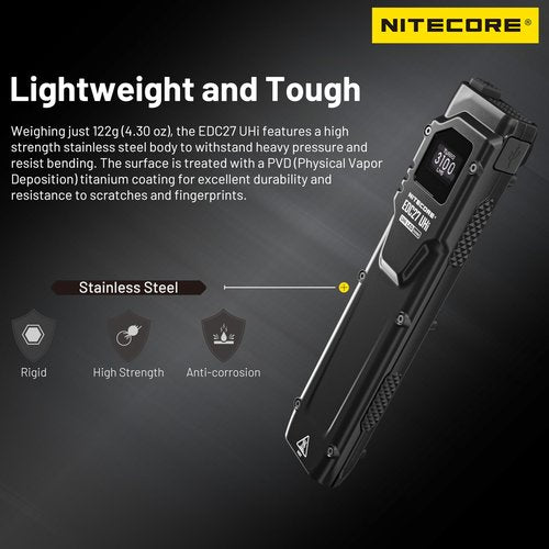 Nitecore EDC27 UHi 3100 Lumen Ultra Slim High Performance EDC Flashlight with Retractable Keychain