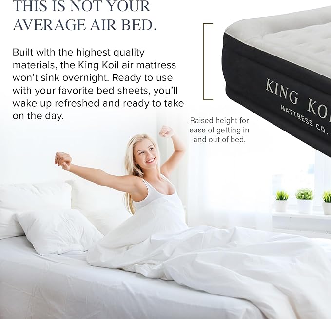 King Koil Luxury Air Mattress Queen with Built in Pump, Integrated Premium Pillow Inflatable Airbed for Guests, Camping & Home (Manufacturer Warranty)