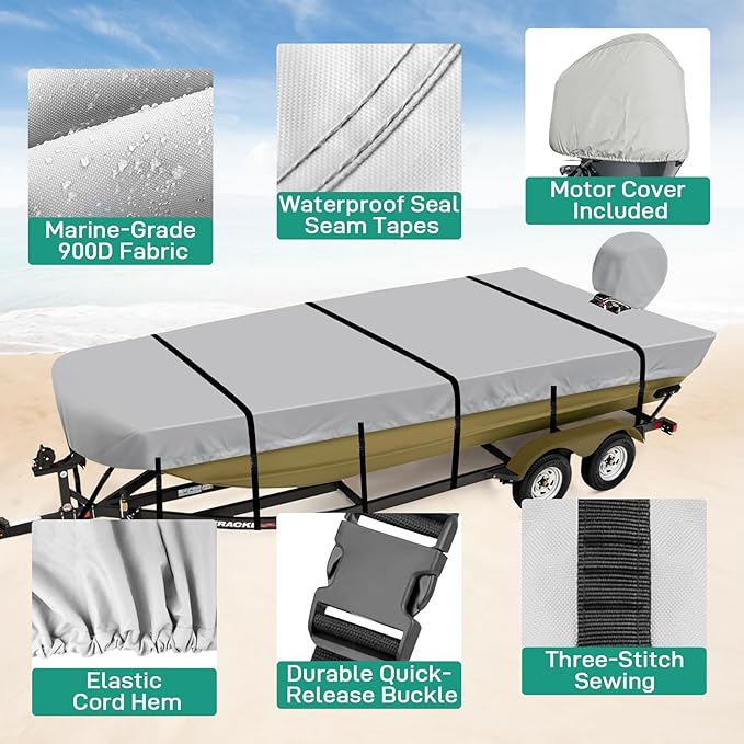 Jon Boat Cover 14 ft, 900D Heavy Duty Trailerable Waterproof Jon Boat Cover 14 Foot with Motor Cover, Marine Grade Canvas,Gray