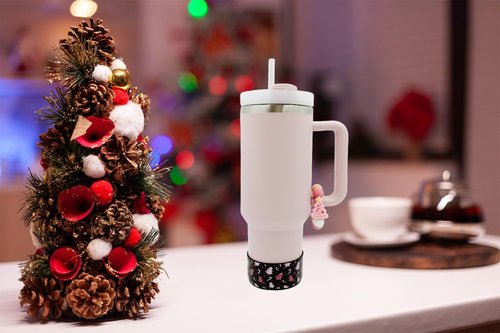 WAFOIRO Pink Christmas Tumbler Sleeve Handle Decor – Holiday Silicone Cup Bottom Protector, Cute Christmas Tree Beads Cup Accessories for Stanley 30oz 40oz Tumblers