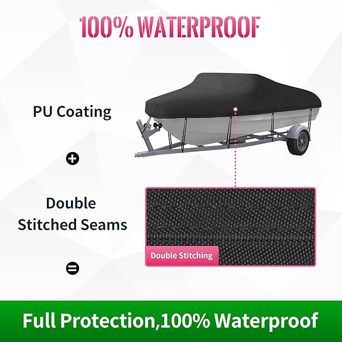 NEXCOVER Trailerable Boat Cover, Length: 17'-19' Beam Width: up to 96", Waterproof Heavy Duty Cover, Fits V-Hull, TRI-Hull, Runabout, Pro-Style, Bass Boat, Storage Bag & Tightening Straps Included.