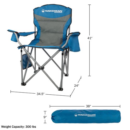 Wakeman Outdoors Oversized Camping Chair 300lbs - Heavy Duty Folding Chair with Cooler Pouch and Carry Bag for Camp Sites, Tailgates, or Beach (Blue)