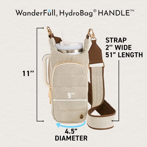 WanderFull HydroBag® HANDLE, Zipper for Handle, 40 oz Water Bottle Holder w/Strap, Crossbody Water Bottle Carrier Bag w/Phone Pocket, Tumbler Accessories - Oatmeal Canvas w/Vegan Leather Trim Strap