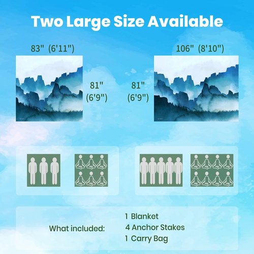 Oversized Sandproof Beach Blanket (83"x81"), Extra Large Beach Sheet for Up to 6 People. Sandfree Beach Mat, Big Sand Blankets with Sand Bags and Stakes. (Cyan Mountain)