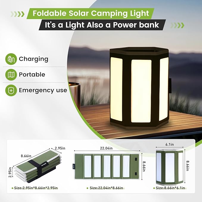 5200mAh Solar Camping Lantern & Power Bank - 10W Fast Solar Charger, IPX4 Waterproof LED Emergency Light with USB/Type-C, 10H Runtime for Camping, Hiking, Power Outages (Green)