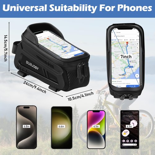 Burjosy Bike Phone Front Frame Bag, Waterproof Bike Phone Holder Bag with TPU Touch-Screen & Sun-Visor, Bike Bag Accessories Compatible Phone Under 7”