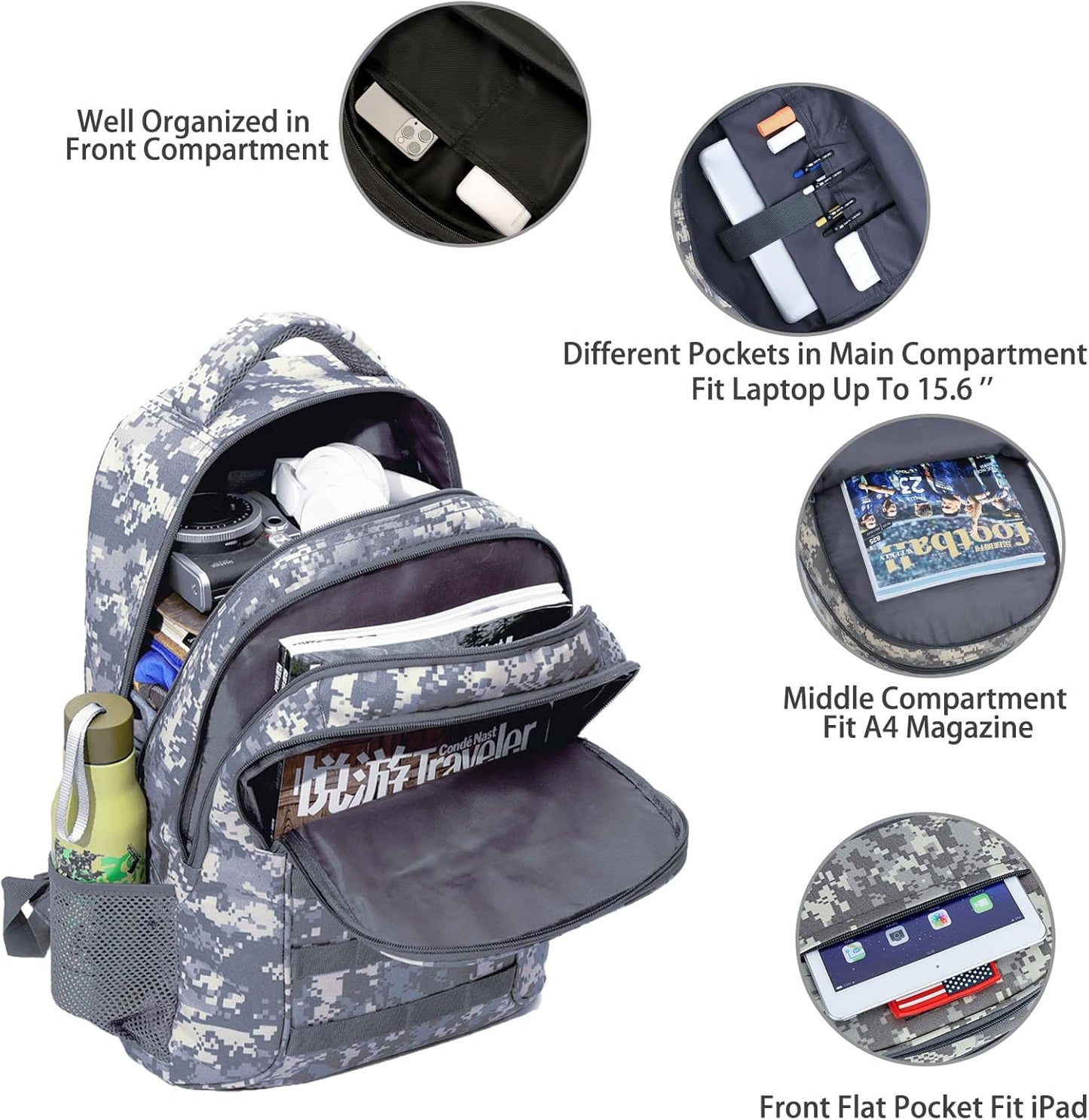 outdoor plus Camo Backpack,Military Boys Backpacks for School,40L Army Bookbag with USB Charging Port Waterproof