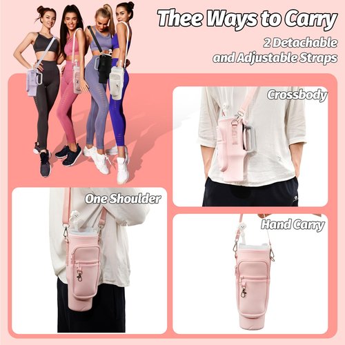 7 PCS Water Bottle Carrier Bag with Phone Pocket for Stanley Cup 40oz Accessories with 2 Straw Covers 2 Straws 2 Brushes Neoprene Water Bottle Holder Pouch with Adjustable Shoulder & Hand Straps