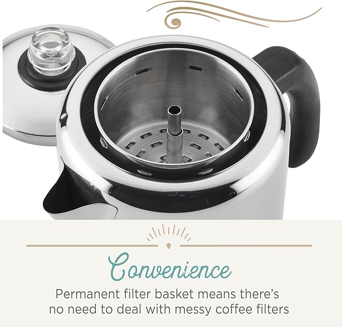 Farberware 50124 Classic Yosemite Stainless Steel Coffee Percolator - 8 Cup, Silver,Stovetop