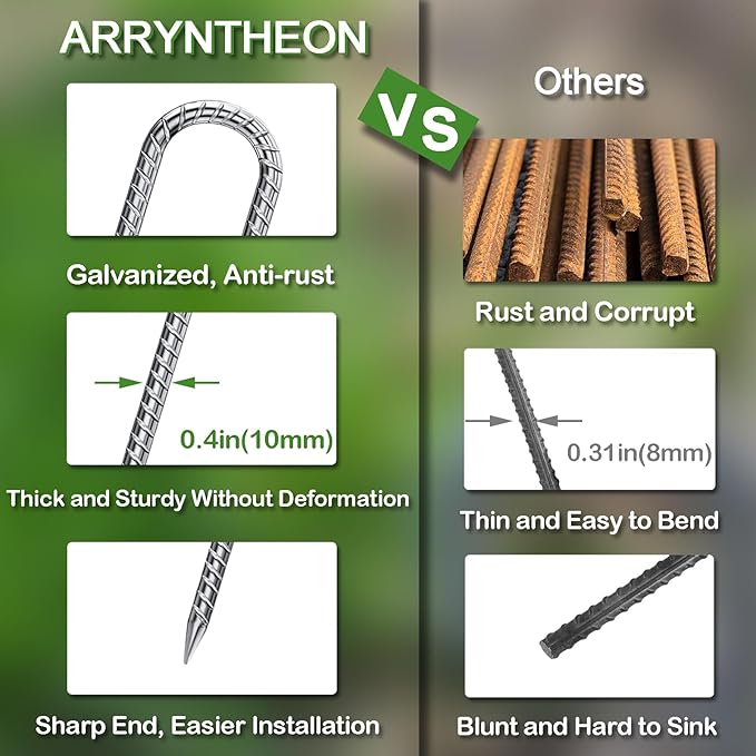 Rebar Stakes 12 Inch 10 Pack Tent Stakes Heavy Duty Metal J Hook, Fence Stakes for Trampoline, Fence, Camping Tent (10, 12")
