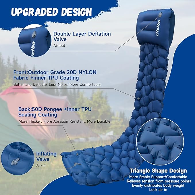 iNeibo Sleeping Pad for Camping - Inflatable Sleeping Pad with Pillow Built-in Foot Pump Compact Camping Air Mattress for Hiking Camping Backpacking Tent Car Traveling (Blue, Single)