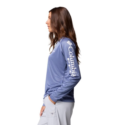 Columbia Womens PFG Tidal Tee II Long Sleeve Sun Protection Shirt, Bluebell Heather/White Logo, XX-Large
