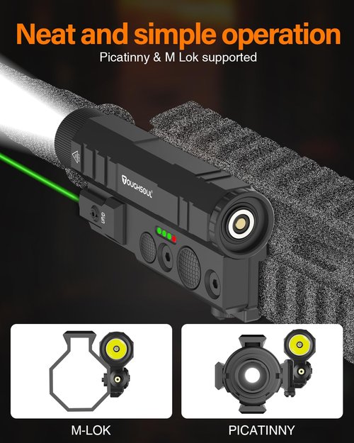 TOUGHSOUL Mlok Picatinny Tactical Flashlight Laser Sight Combo, 2400 Lumen Max Light with Green Laser, Momentary Strobe Function Rchargeable Battery Included