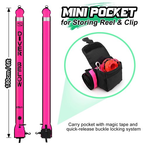 Surface Marker Buoy Scuba with Reel, 6ft High Visibility Diving Open Bottom Signal Tube Safety Sausage with Pouch Bag, 100ft ABS Dive Reel and Steel Double-Ended Bolt Snap