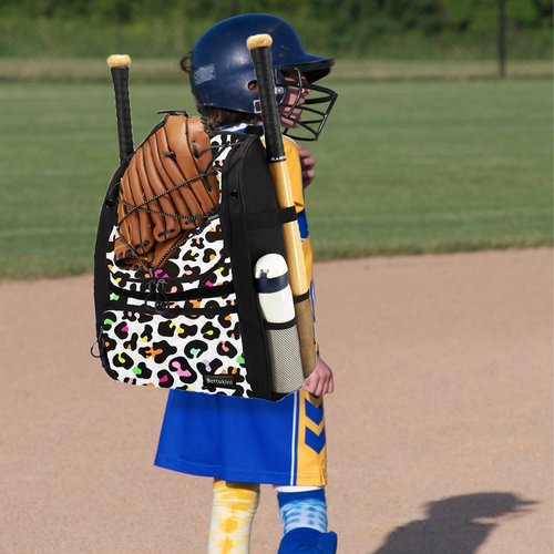 Baseball Bag, Youth Baseball Bag Softball Bat Bag with Shoe Compartment, Baseball Equipment Bag TBall Bat with Fence Hook, for Batting Mitten, Helmet, Teeball Gear Adult Colorful Leopard