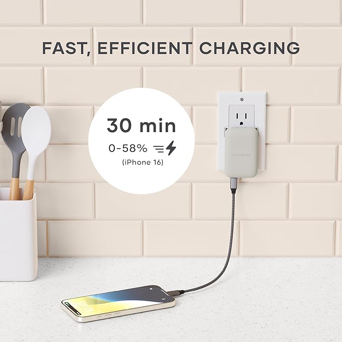 Satechi OntheGo 67W Wall Charger, GaN USB C Travel Charger with 2 USB-C PD Fast Charging Ports, for MacBook Pro/Air, iPad Pro/Air, iPhone 16, Steam Deck, Galaxy, Windows – Sand