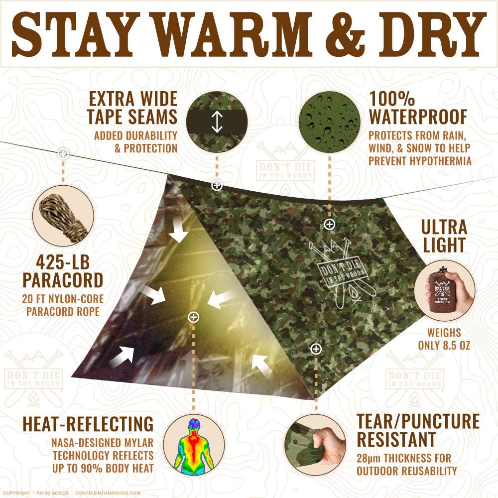 World's Toughest Ultralight Survival Tent • 2 Person Mylar Emergency Shelter Tube Tent + Paracord • Year-Round All Weather Protection for Hiking, Camping, & Outdoor Survival Kits