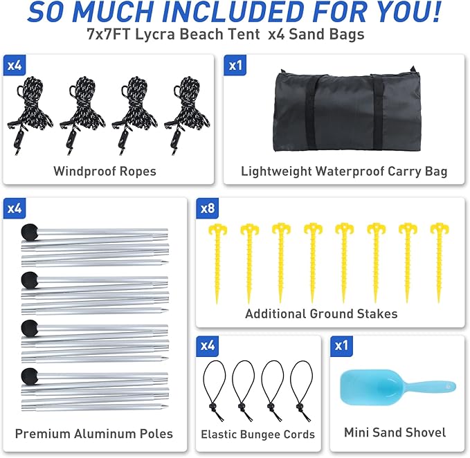 Beach Tent Pop Up Shade Canopy Sun Shelter UPF50+ with 4 Stability Poles/Carry Bag/Ground Pegs/Sand Shovel/Windproof Ropes Portable Outdoor Family Sunshade for Camping (Royal Blue,7×7FT)