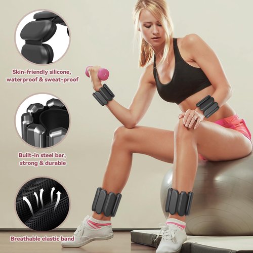 Wrist Ankle Weights Set of 2 (1lb Each), Adjustable Weight Arm and Leg Weights for Women Men, Silicone Weighted Bracelets for Home Workout, Pilates, Walking, Running, Yoga, Dance, Gym (Black)