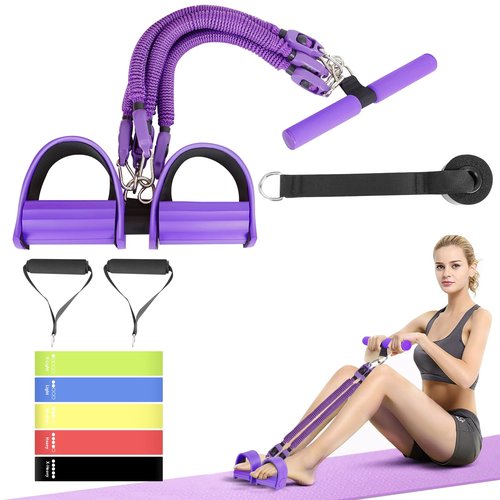 FEFURS 2025 Upgrade Pedal Resistance Band, 4-Tube Elastic Sit Up Pull Rope for Men and Women, Pedal Puller for Strength Training, Foot Resistance Rope for Physical Therapy, with 5Pcs Exercise Bands