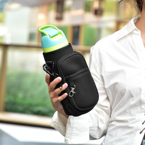 Icesip Water Bottle Carrier Bag with Strap for Owala FreeSip 32oz with Detachable Phone Pocket for Owala Accessories 32oz Water Bottle Sleeve for Walking Camping Gym Black