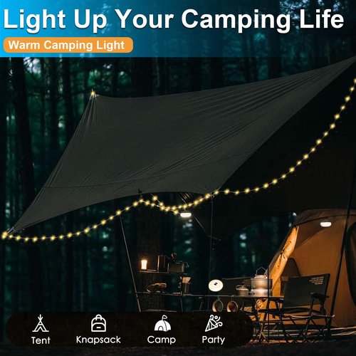 LIGBT 32.8FT Camping String Lights 3-in-1 Outdoor String Lights & Lantern with 15 Lighting Modes, Waterproof, Rechargeable, Beige