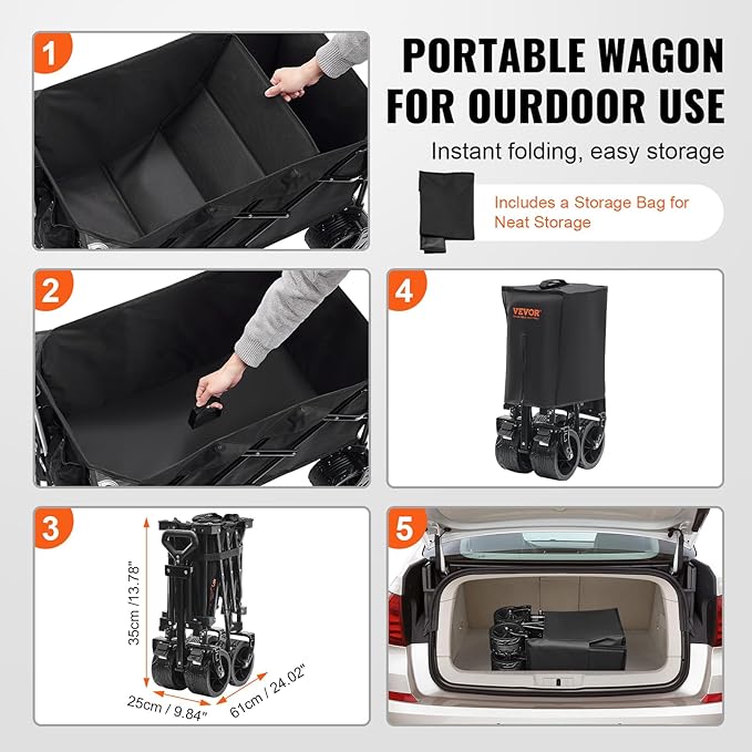 VEVOR 350LBS Collapsible Folding Outdoor Utility Wagon, 150L Heavy Duty Foldable Wagon Cart for Grocery Camping, Portable Utility Beach Wagon with Big Wheels for Garden Sports 35 x 21.3 x 42.5 in