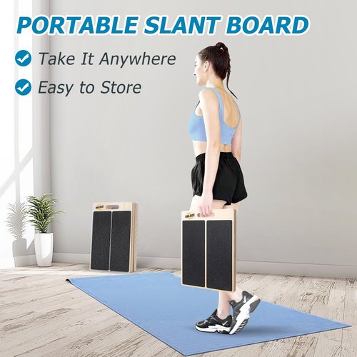 Portable Slant Board Foldable Wooden Calf Stretcher Slant Board for Squats 500 Lbs Weight Capacity, Comes with Resistance Bands & Massage Ball, Adjustable Incline Board for Knees Ankle Heel Feet Leg