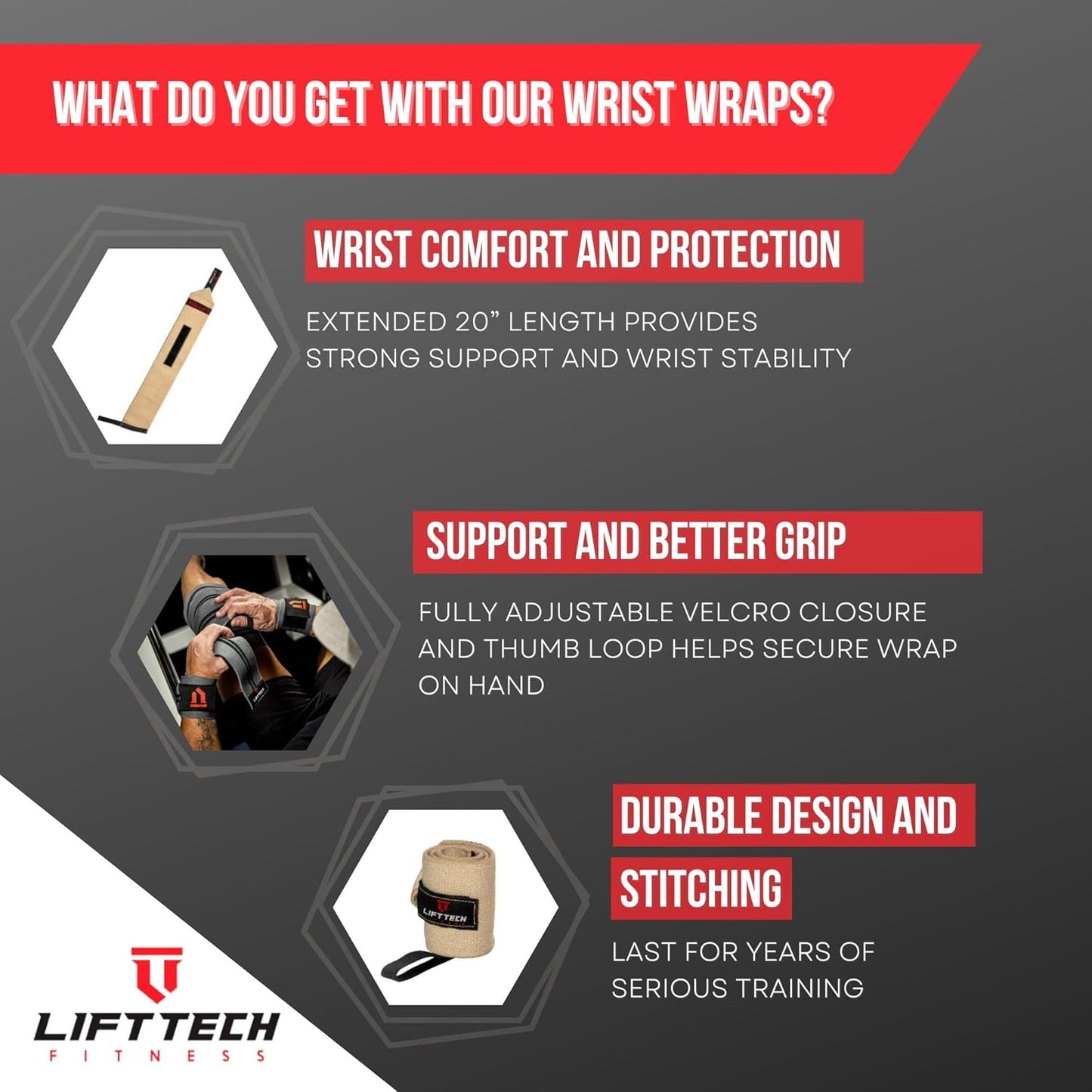 PRO 20'' Lifting Wrist Wraps - Wrist Wraps for Weightlifting Men and Women Suitable - Thumb Loop Wrist Straps for Crossfit, Strength Training - Pair of 2