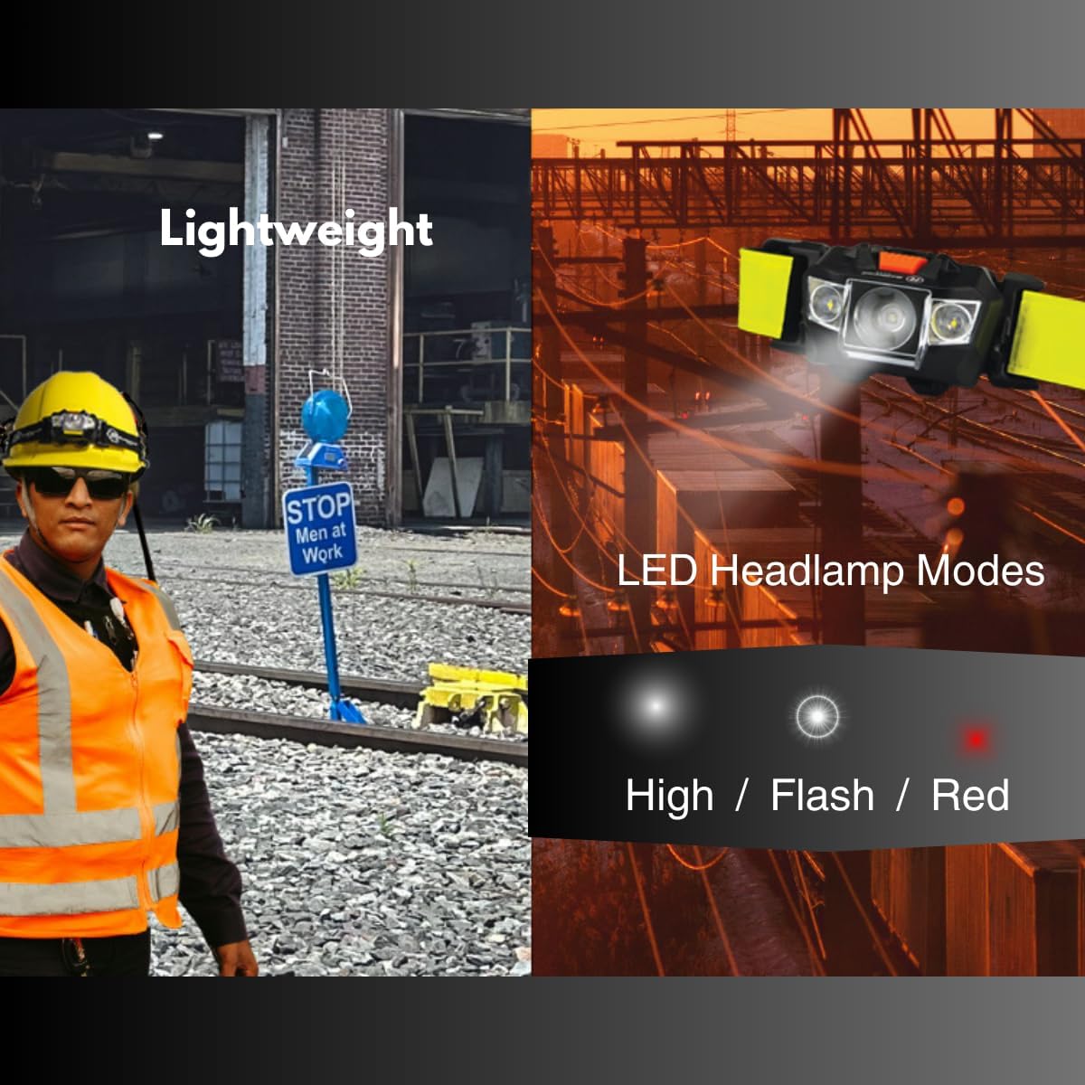 Railhead Gear LED Lightweight Headlamp, Battery Powered Industrial 200 Lumen Light with Strap for Adults with 3 Modes, KE-HL100