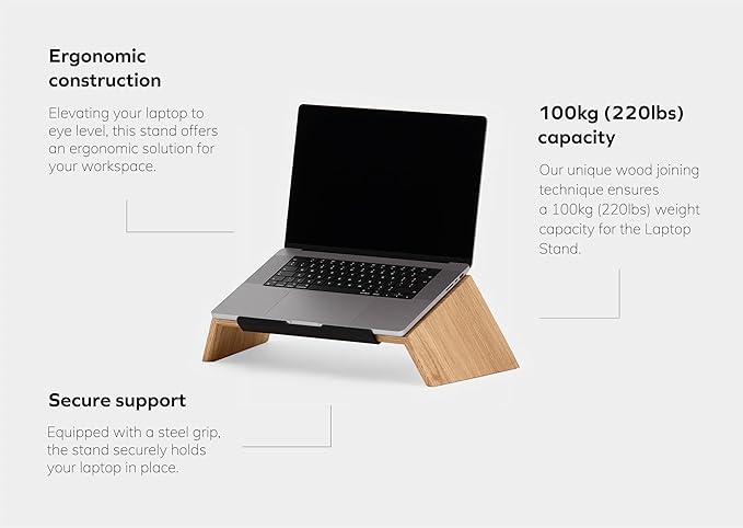 Oakywood Wooden Slanted Laptop Stand for Desk - Convenient Riser & Holder - Ergonomic Wood Stand 45x22x14cm - for 13-14" Laptops Oak