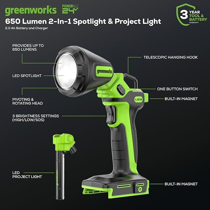 Greenworks 24V 2-in-1 Work Light, Dual Function, (2) Interchangeable Light Heads, 650 Lumen LED, Tool Only