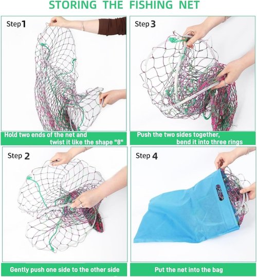 32in x 37in Folded Bridge and Pier Fishing Net, More Coarse Soft Steel Hoop, Colourful Dual-Line Construction，Heavy-Duty Fishing Cast polyethylene Fiber line Mesh Net, Drop Net/Rope/Storage Bag