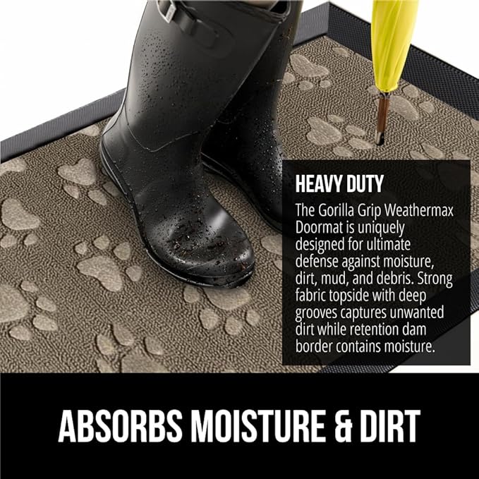 GORILLA GRIP 100% Waterproof All-Season WeatherMax Doormat, Durable Natural Rubber, Stain and Fade Resistant, Low Profile, Indoor Outdoor Doormats, Easy Clean Patio Entrance Mat, 17x29, Tan Pawprints