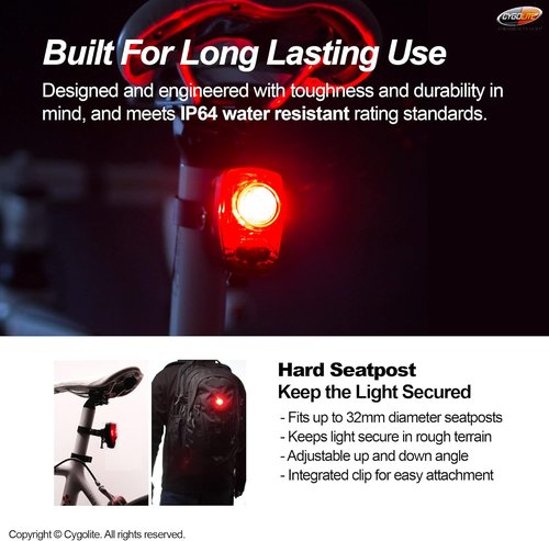 Cygolite Hotshot SL– 50 Lumen Bike Tail Light– 6 Night & Daytime Modes– User Tuneable Flash Speed– Compact Design– IP64 Water Resistant– Secured Hard Mount– USB Rechargeable– Great for Busy Roads