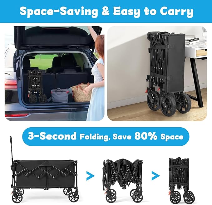 Collapsible Wagon Cart Foldable, 220L Extra Large Heavy Duty Utility Wagons with 350lbs Weight Capacity, Portable Large Capacity Garden Cart for Camping Beach Grocery Shopping, Black