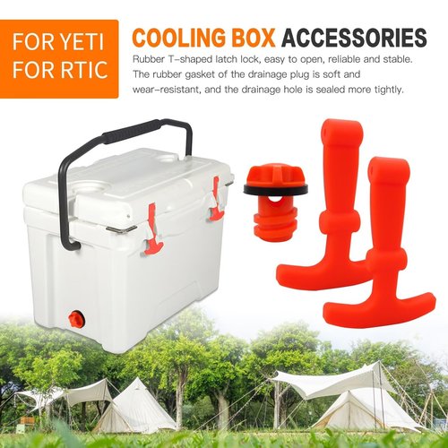 WELURE Cooler Drain Plugs Lid T Latch Straps Handles Replacement Fit for RTIC YETI Coolers,Smellless and Eco-Friendly Silicon (2 Pack Orange Straps + 1 Pack Drain Plug)