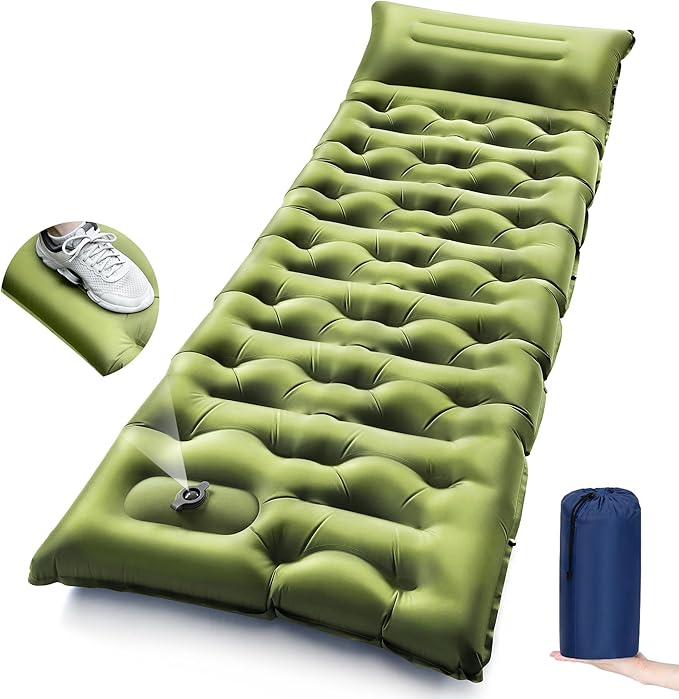 Camping Sleeping Pad,5.9 Inch Thick Camping Mat with Built in Pillow and Foot Pump,Self Inflating Sleeping Pad Ultralight for Camping Backpacking Tent（Green